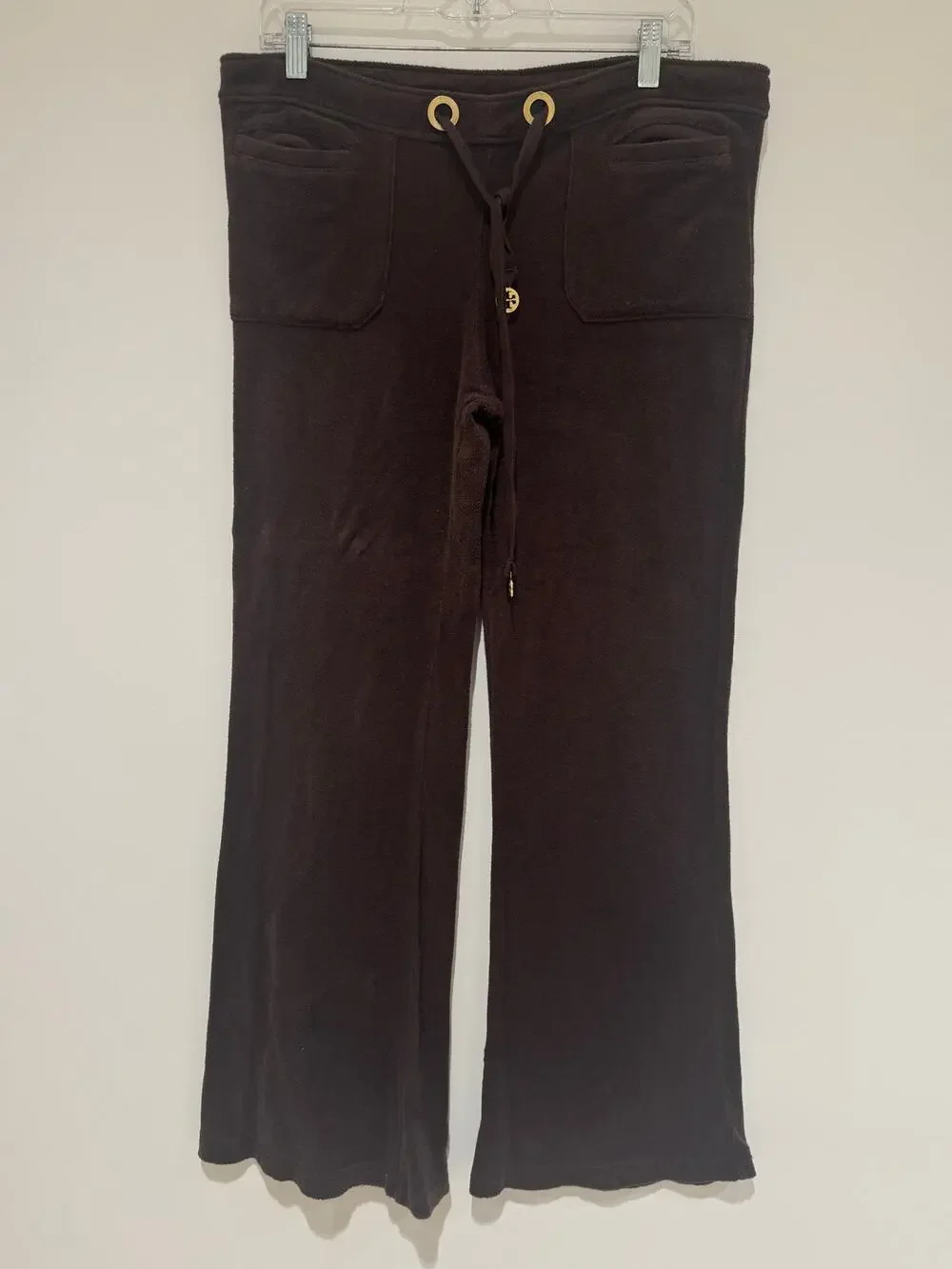 Tory Burch Y2K Chocolate Brown Velour Drawstring Wide leg Track Pant Logo Size M